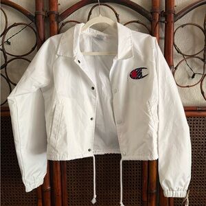 Champion White Cropped Bomber Jacket with Navy & Red Logo